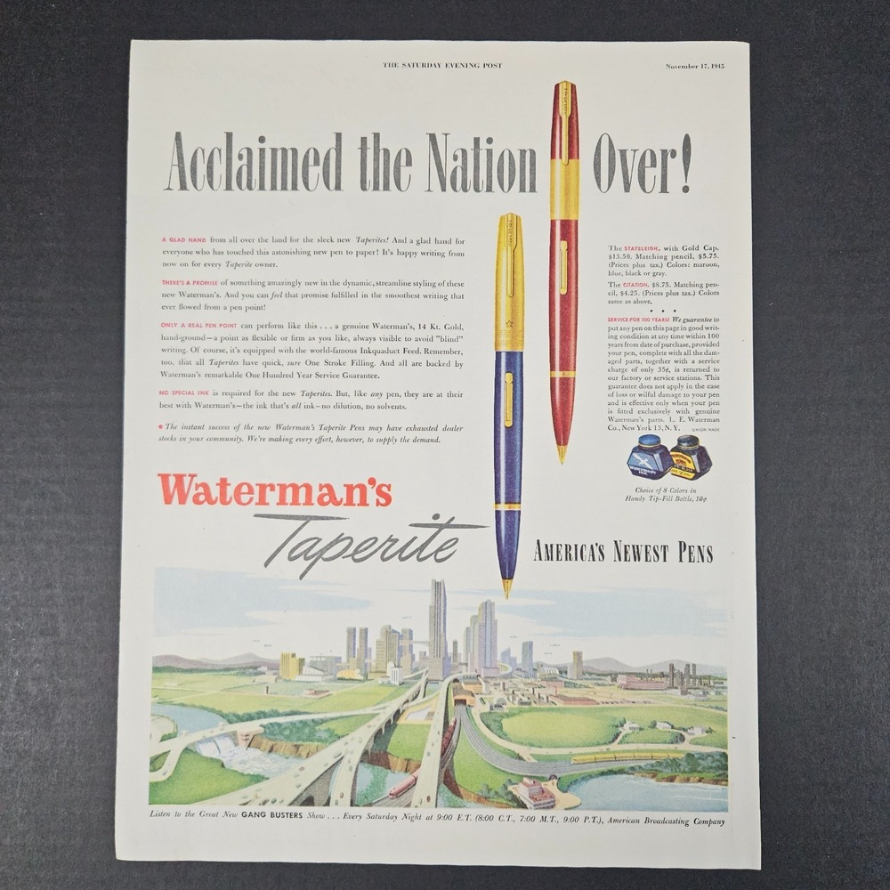 1945 Waterman's Taperite Pen Pencil Vintage Print Ad Stateleigh Citation Office